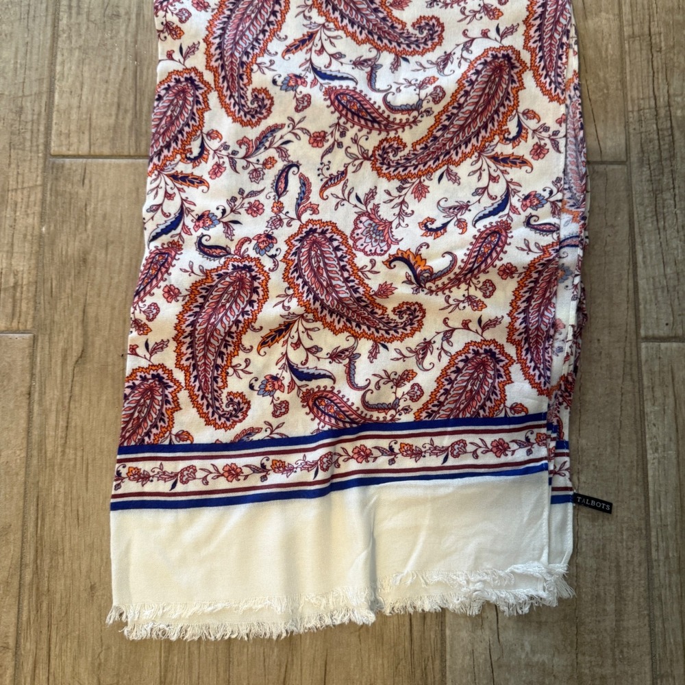 Talbots Womens Paisley Scarf White Red Blue Orange Fringe Edge Rectangular Wrap